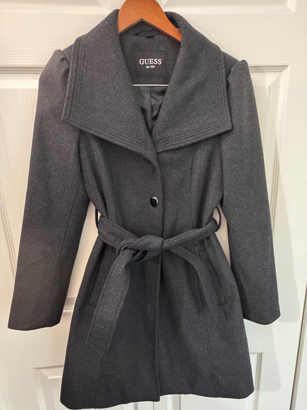 GUESS Womens Small Charcoal Gray Wool Blend Belted Trench Coat Peacoat Jacket